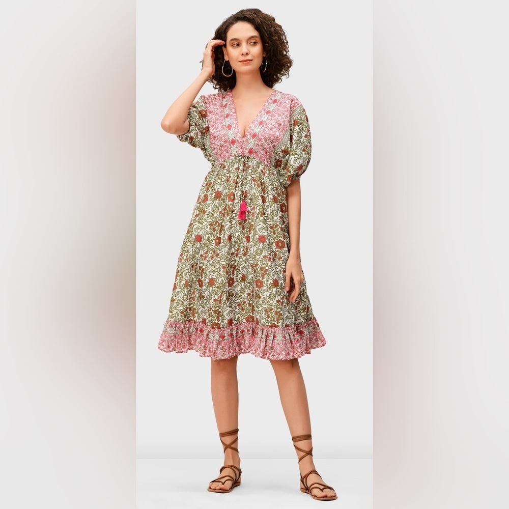 Tassel Tie Empire Floral Print Cotton Dress. 100% Cotton - Picture 3 of 8